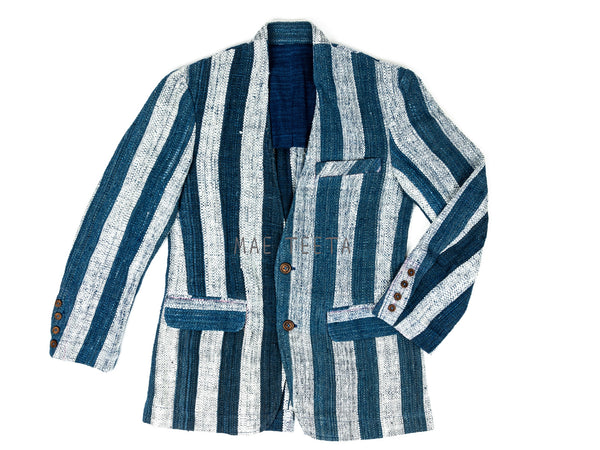 Collarless Blazer Indigo-striped