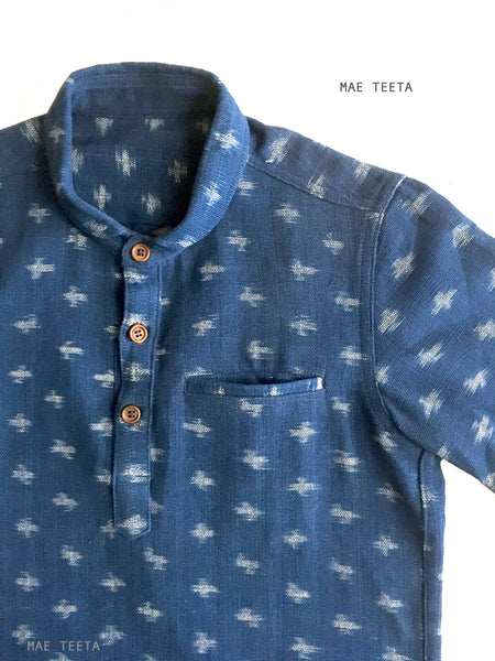 Short Sleeves Polo Shirt Navy Round Collar Indigo-Ikat Fabric