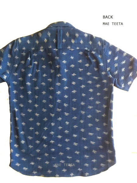 Short Sleeves Polo Shirt Navy Round Collar Indigo-Ikat Fabric