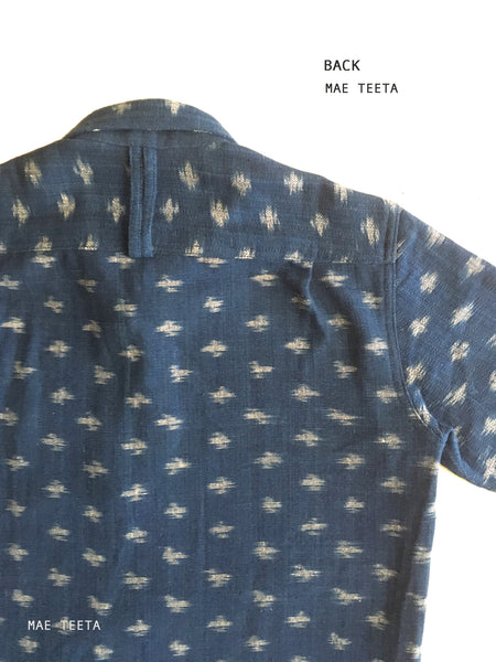 Short Sleeves Polo Shirt Navy Round Collar Indigo-Ikat Fabric