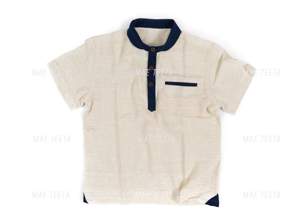 Navy Round Collar (Indigo) Polo Men Short Sleeves with Green Cotton (*Light Soft Cotton)